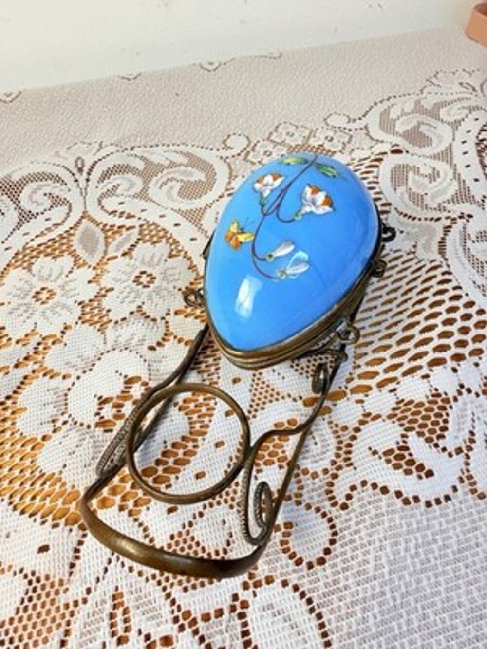 Antique French Blue Opaline Glass Egg Trinket Casket Palais Royal Sleigh- Read
